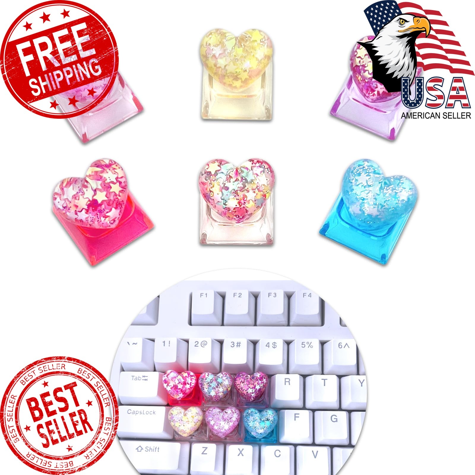 NZDWY 6PCS Bling Heart Custom Keycaps - Cute Artisan Keycap Replacement Key f...