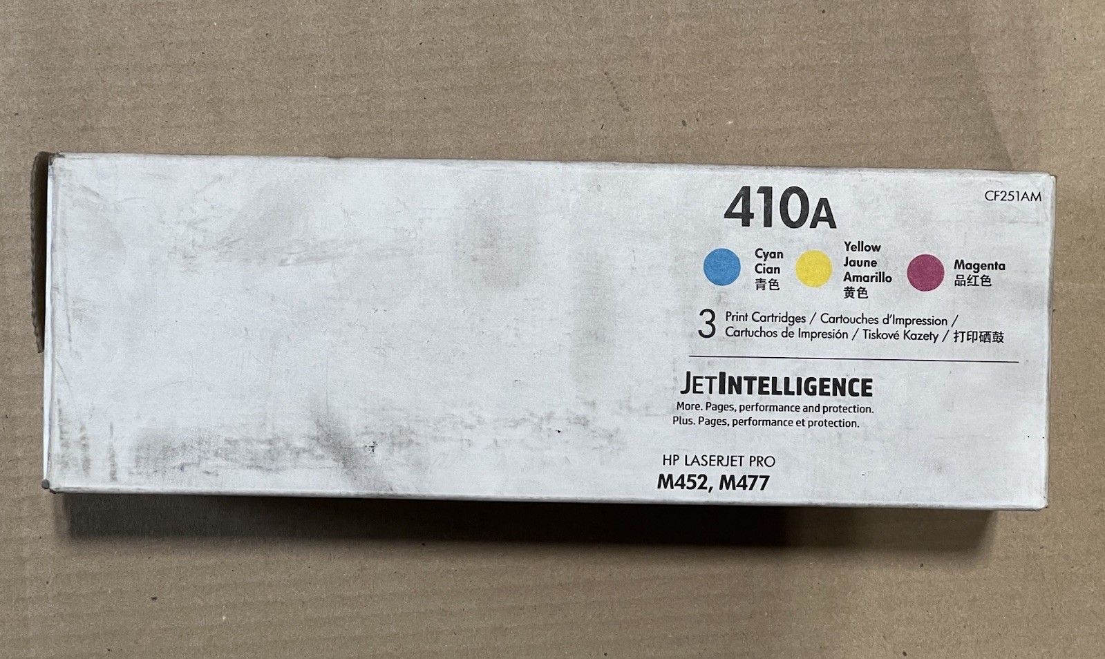 HP 410A Cyan/Magenta/Yellow Toner Cartridges (CF251AM) Pack, OEM-Open/Worn Box