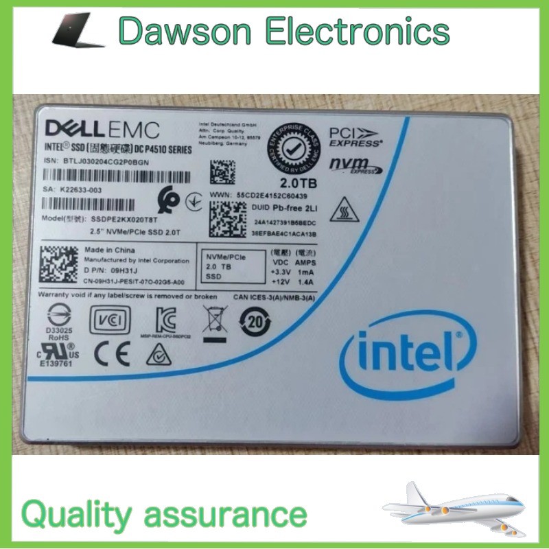 Used DELL 2TB Intel SSD P4510 Series DC NVME U.2 2.5" SSDPE2KX020T8T 09H31J