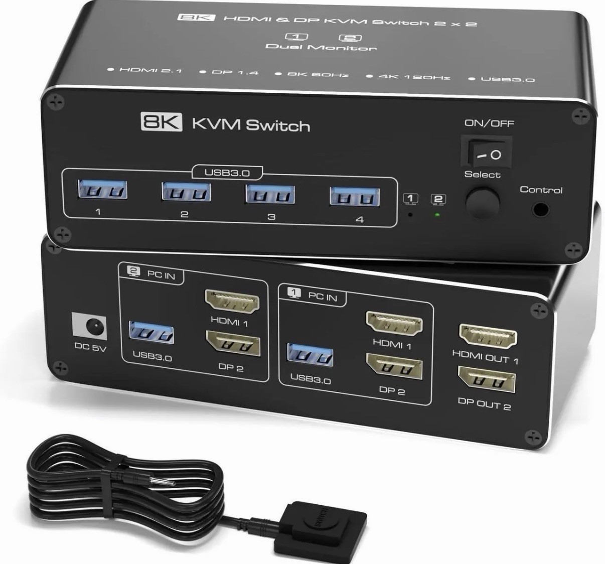 8K HDMI & DP KVM Switch 2 X 2 Dual Monitor HDMI 2.1 DP 1.4 USB3.0