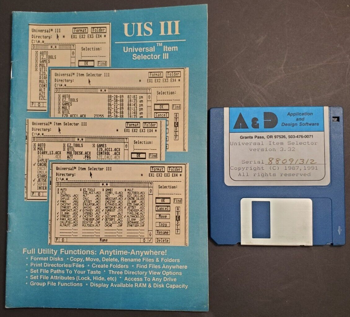 1991 A & D Software UIS 3 III Universal Item Selector for Atari ST on 3.5" Disk