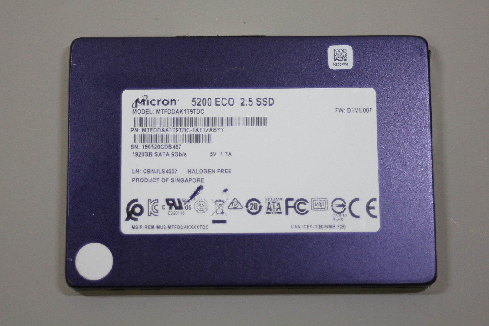 Micron 5200 ECO Series 1.92TB SATA 6Gb/s 2.5" SSD MTFDDAK1T9TDC 100% Health