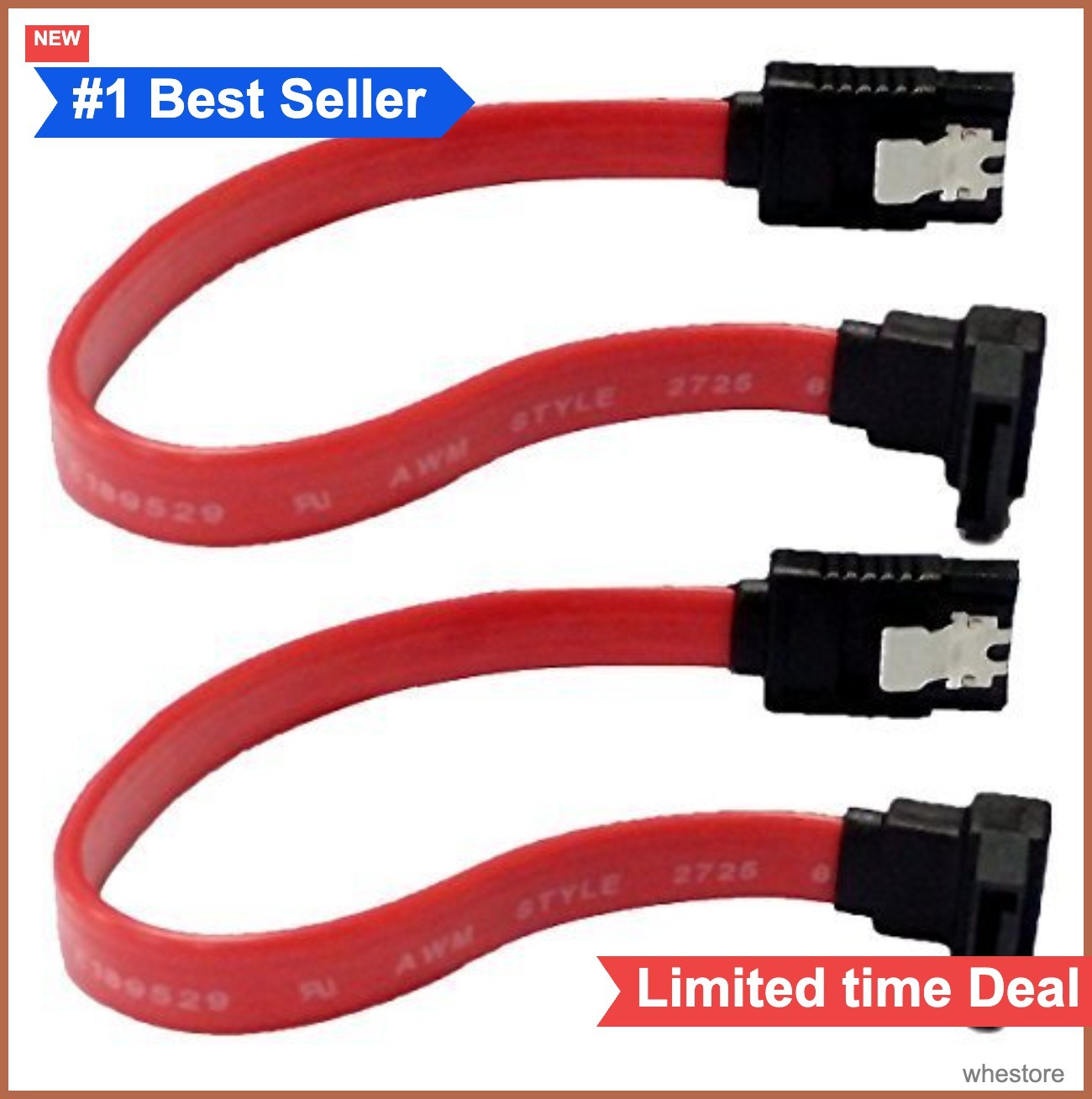 SATA III Cable 2 Pack Red 90 Degree Right Angle 6 Gbps 180mm Locking Latch