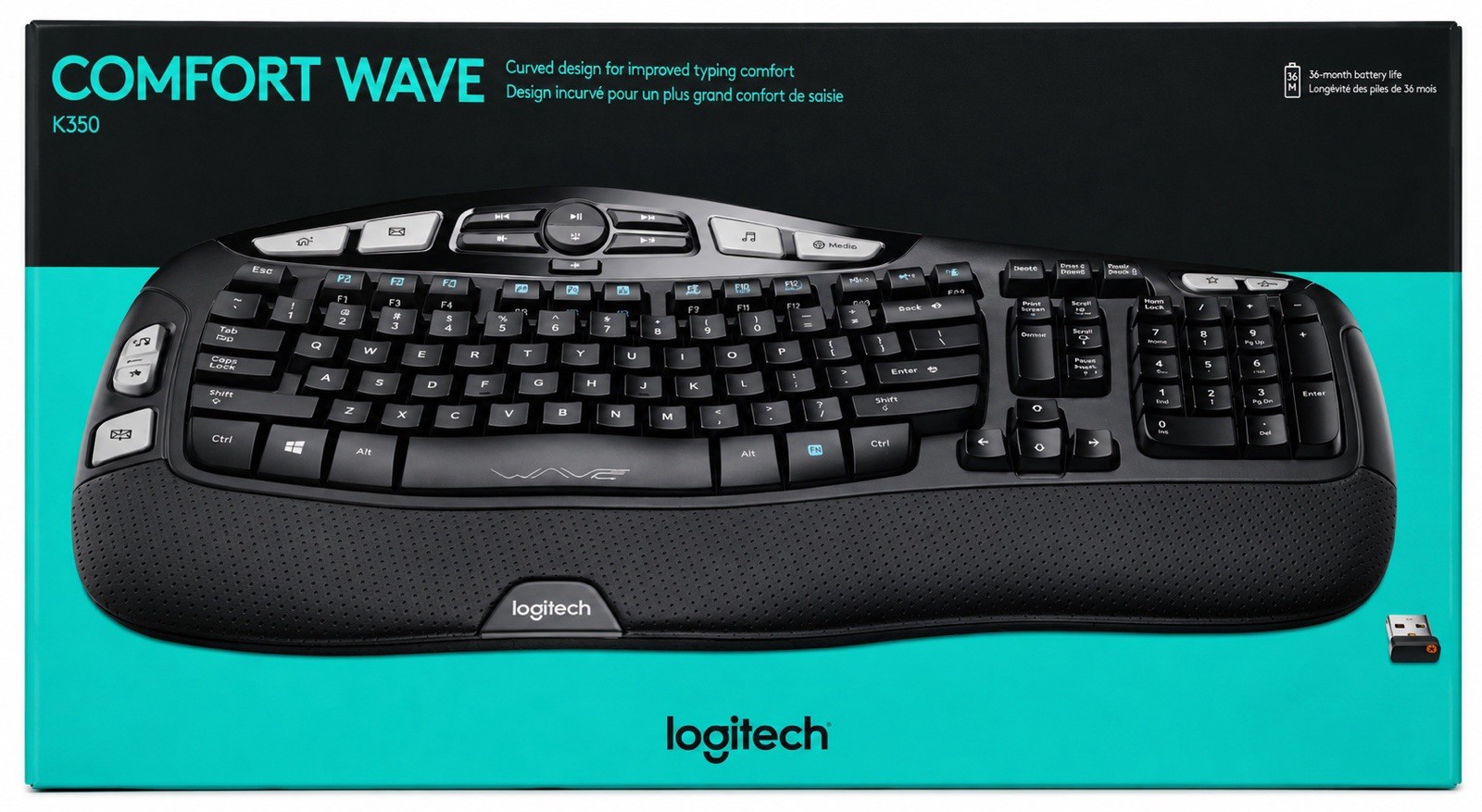 NEW Logitech K350 Comfort Wave Wireless Ergonomic Keyboard Unifying Receiver