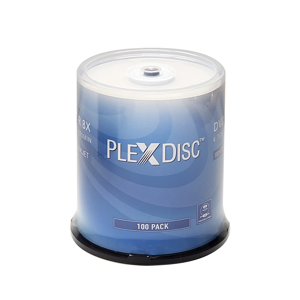 100 PlexDisc 8X 4.7GB DVD-R White Inkjet Hub Printable Disc Cake Box 637-215-BX