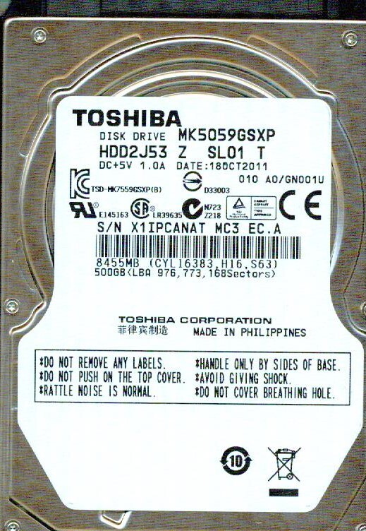 MK5059GSXP,  HDD2J53 Z SL01 T, A0/GN001U  TOSHIBA SATA 500GB
