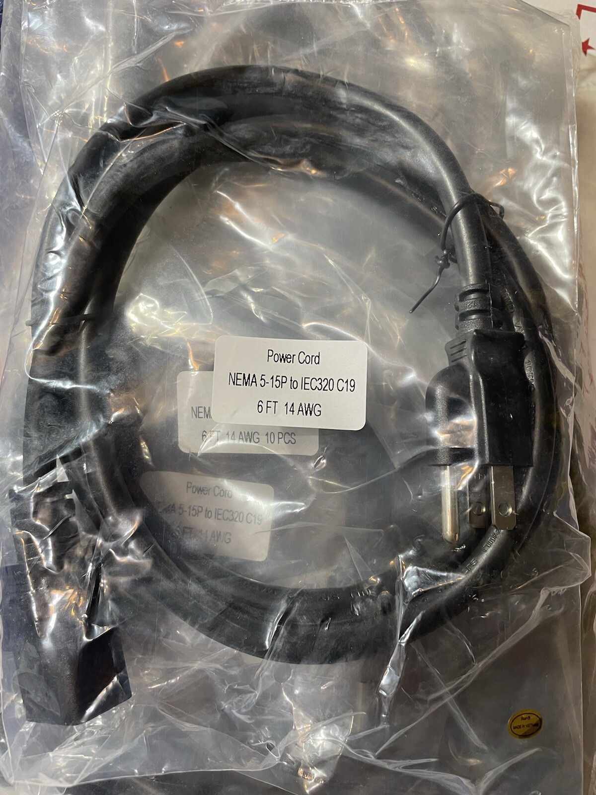 6ft Heavy-Duty AC Cord, 15A, 14AWG IEC-C19 to NEMA 5-15P Mains CablePower(10PCS)