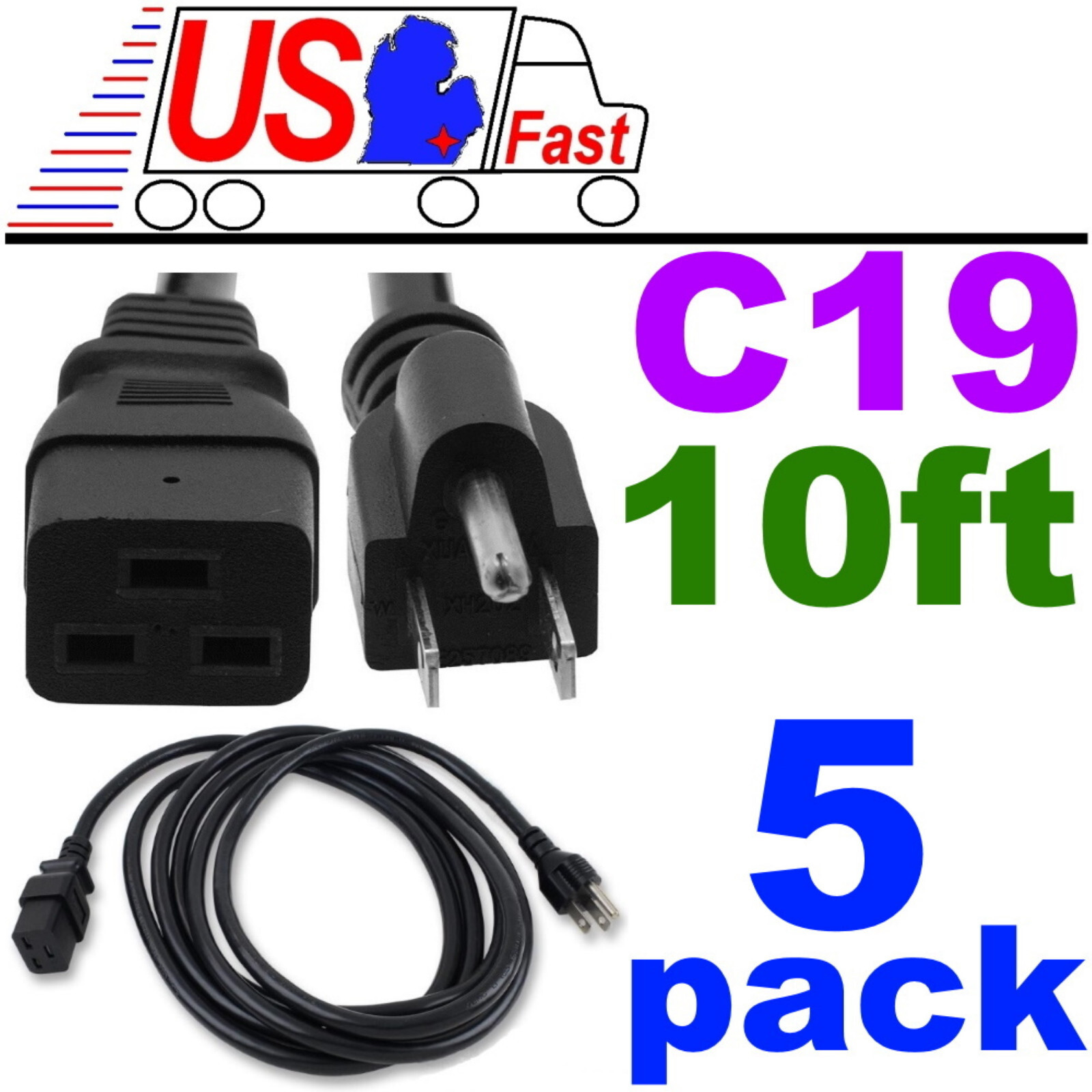 Lot5pk/pcs 10ft long C19~NEMA5-15P Server/PDU Power Cord/Cable/Wire 14awg 15A AC