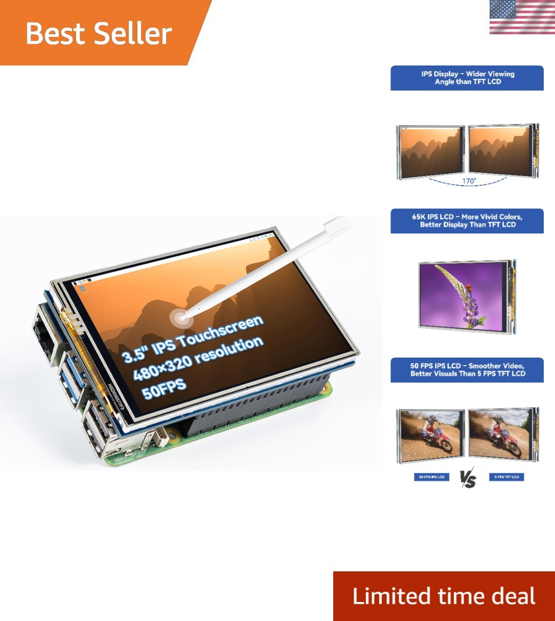 3.5 Inch 480x320 Touch Screen IPS LCD SPI Display Monitor with Stylus for Ras...