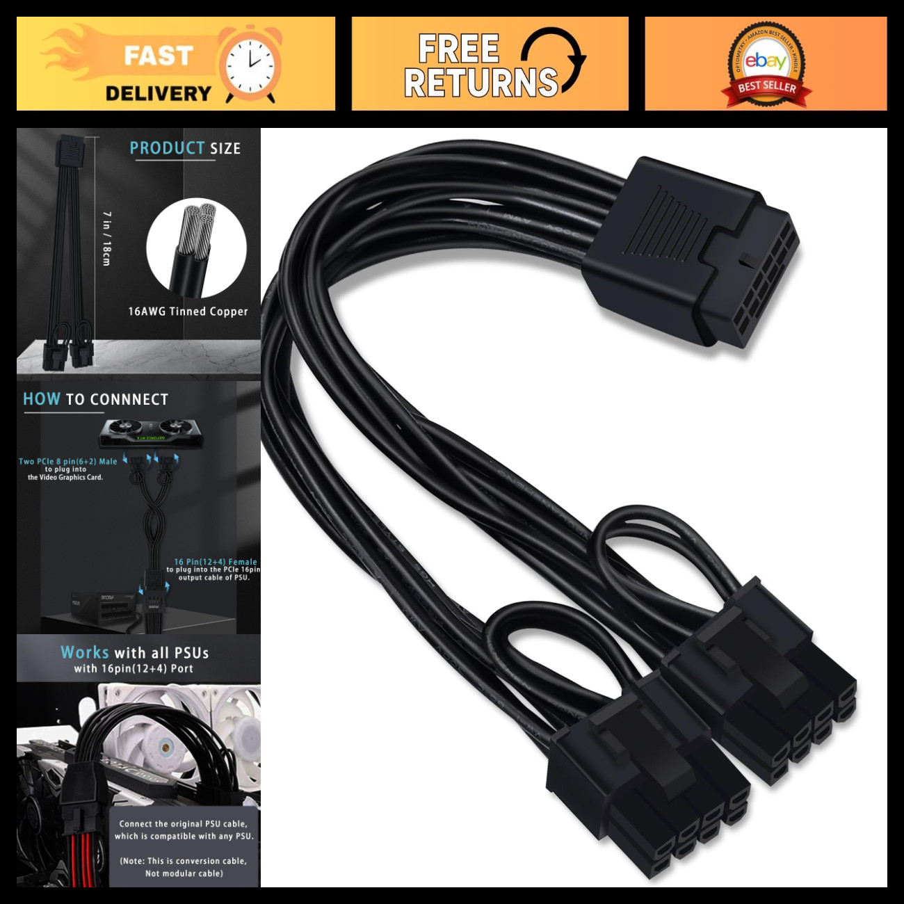 12V HPWR Cable Extension, 16 Pin Female to Dual 8 Pin Male PCIe Power Cable 18cm