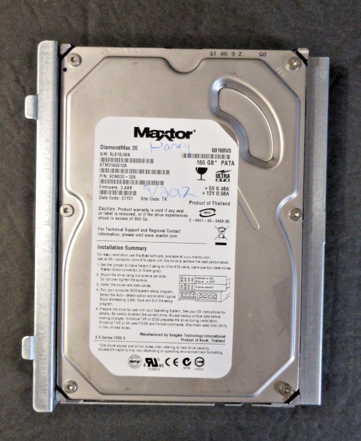 Maxtor Diamondmax 20 STM3160812AS 160 GB Hard Drive UNTESTED