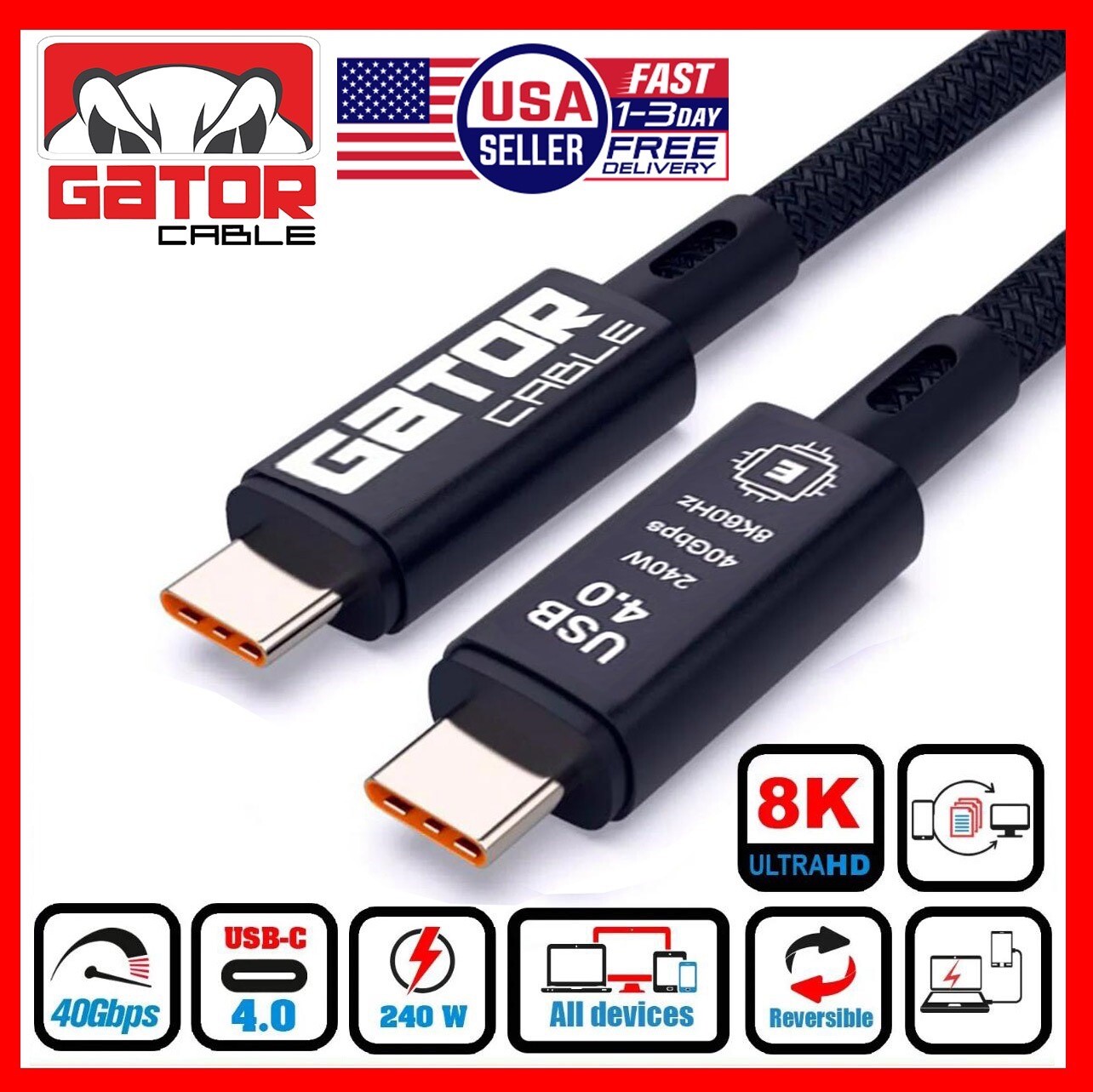 Thunderbolt 4 USB-C 4.0 Cable Charger Data 40Gbps PD 240W 8K Video Display UHD