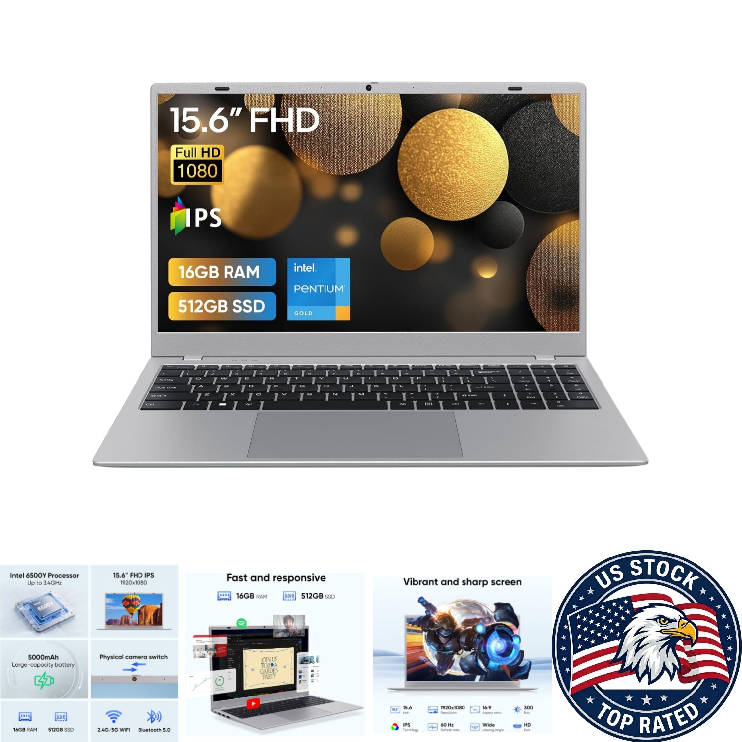 15.6" FHD Silver Laptop - Intel Pentium, 16GB RAM, HDMI, & Privacy Shutter