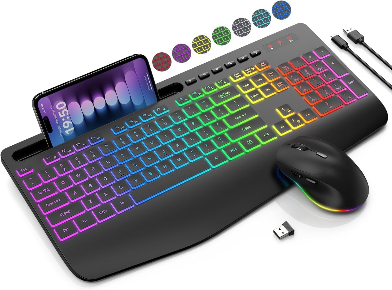Wireless Keyboard Mouse Combo RGB Backlit Silent Ergonomic Rechargeable SABLUTE