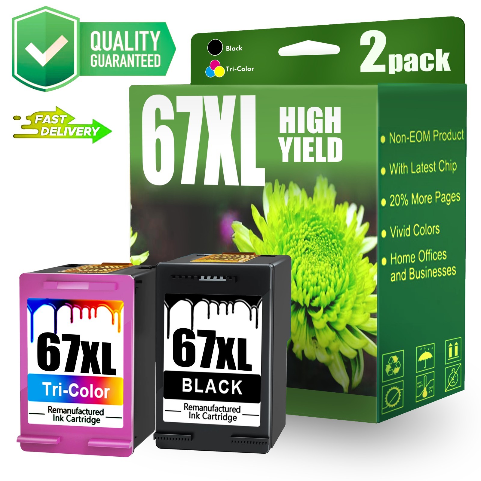 67XL Ink 2PK Black & Color For HP DeskJet 2700/2755e/4155e, ENVY 6000/6458/6422