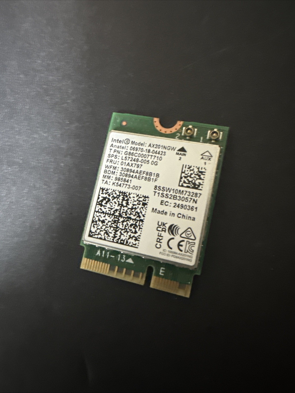 INTEL AX201NGW DUAL BAND BT Wi-Fi 6 M.2 BLUETOOTH 5.2 NETWORK NIC Wireless CARD