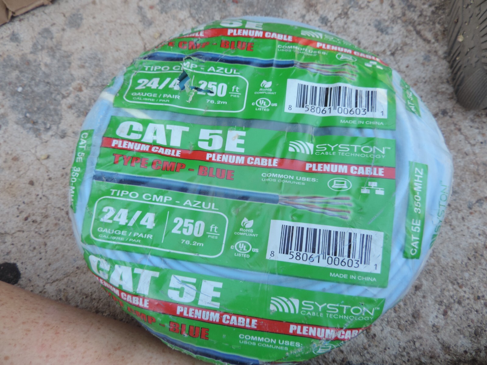 SYSTON CAT 5e MHZ Plenum cable 24/4 gauge 250ft Type CMP-Blue