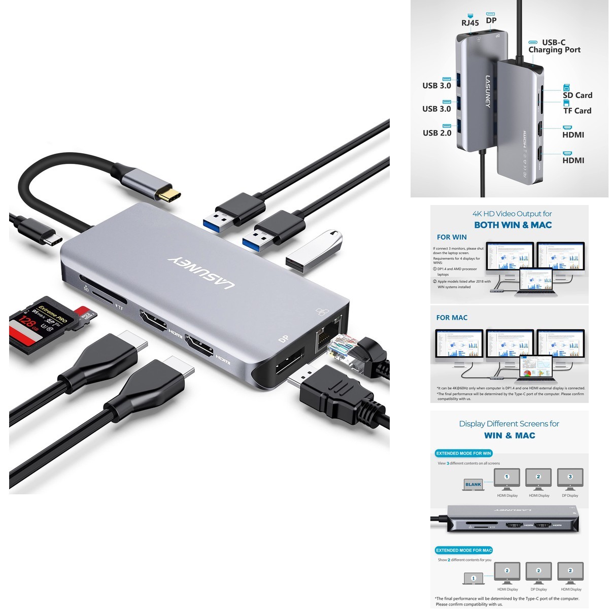 Lasuney 10 in 1 USB C HUB Triple Display Docking Station 2 HDMI Displayport