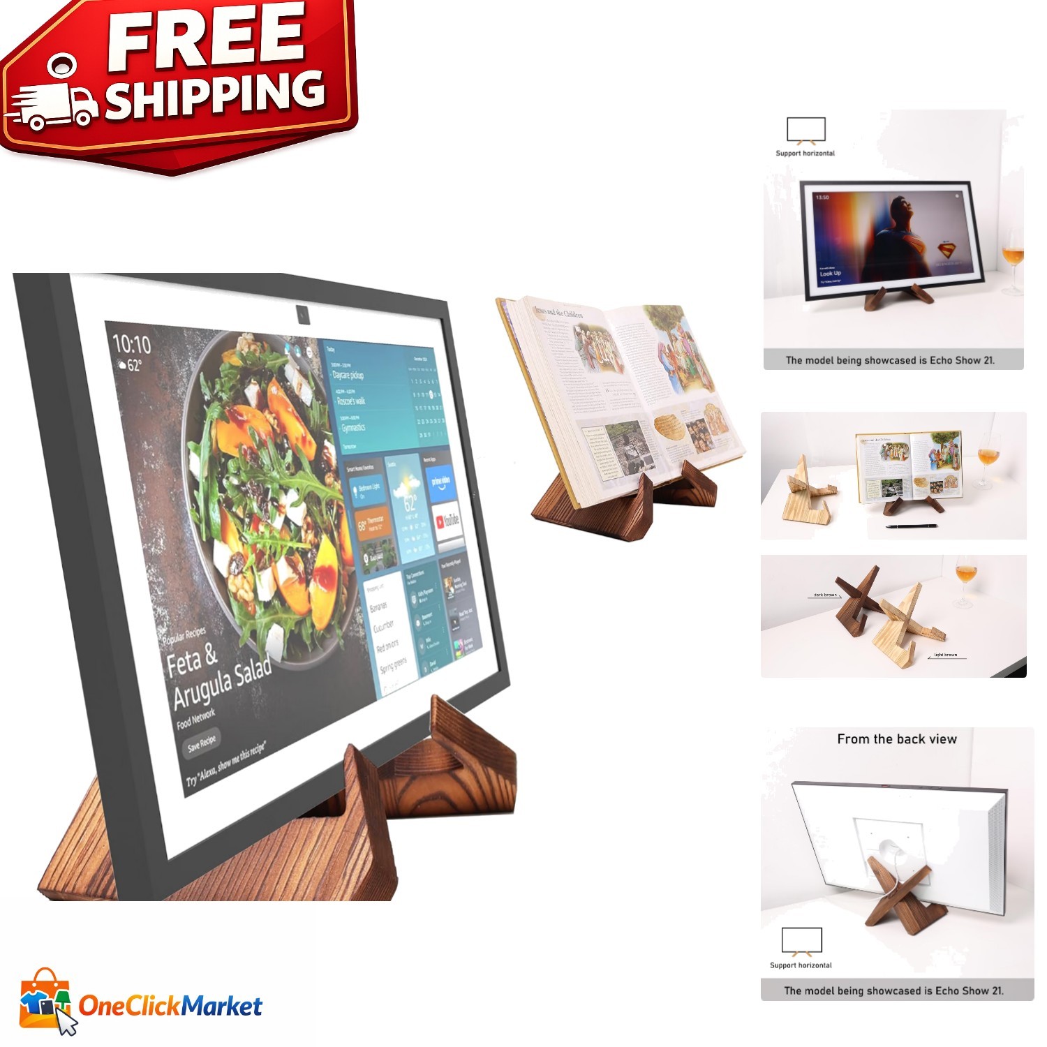 Elegant Solid Wood Tablet Stand for Echo Show 15 & 21 - Stylish Cookbook Holder