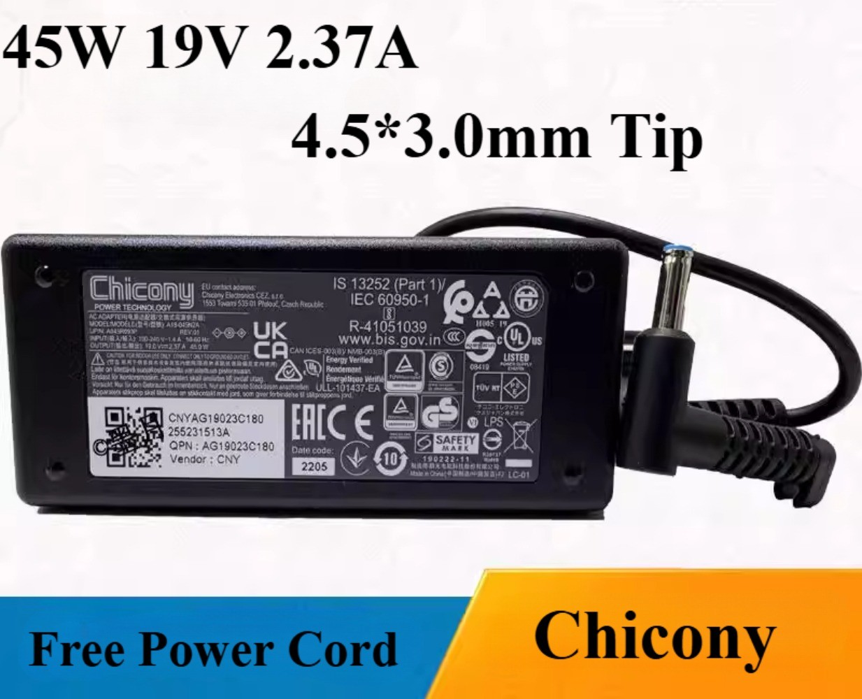 Genuine Chicony 45W 19V 2.37A Adapter A045R093P A18-045N2A 4.5*3.0mm Charger