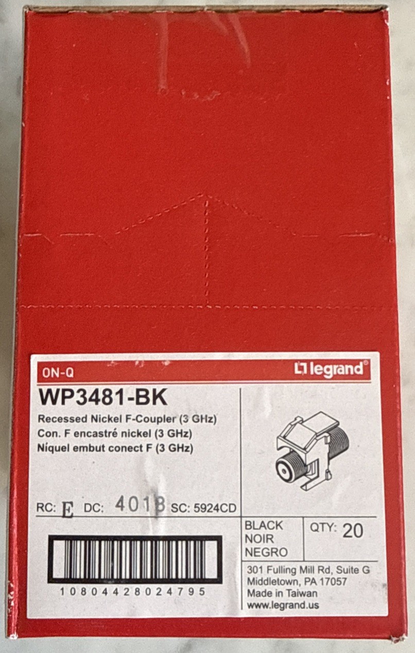 Box of 20 Legrand On-Q WP3481-BK Recessed Nickel F-Couplers (3 GHz) – Black NEW