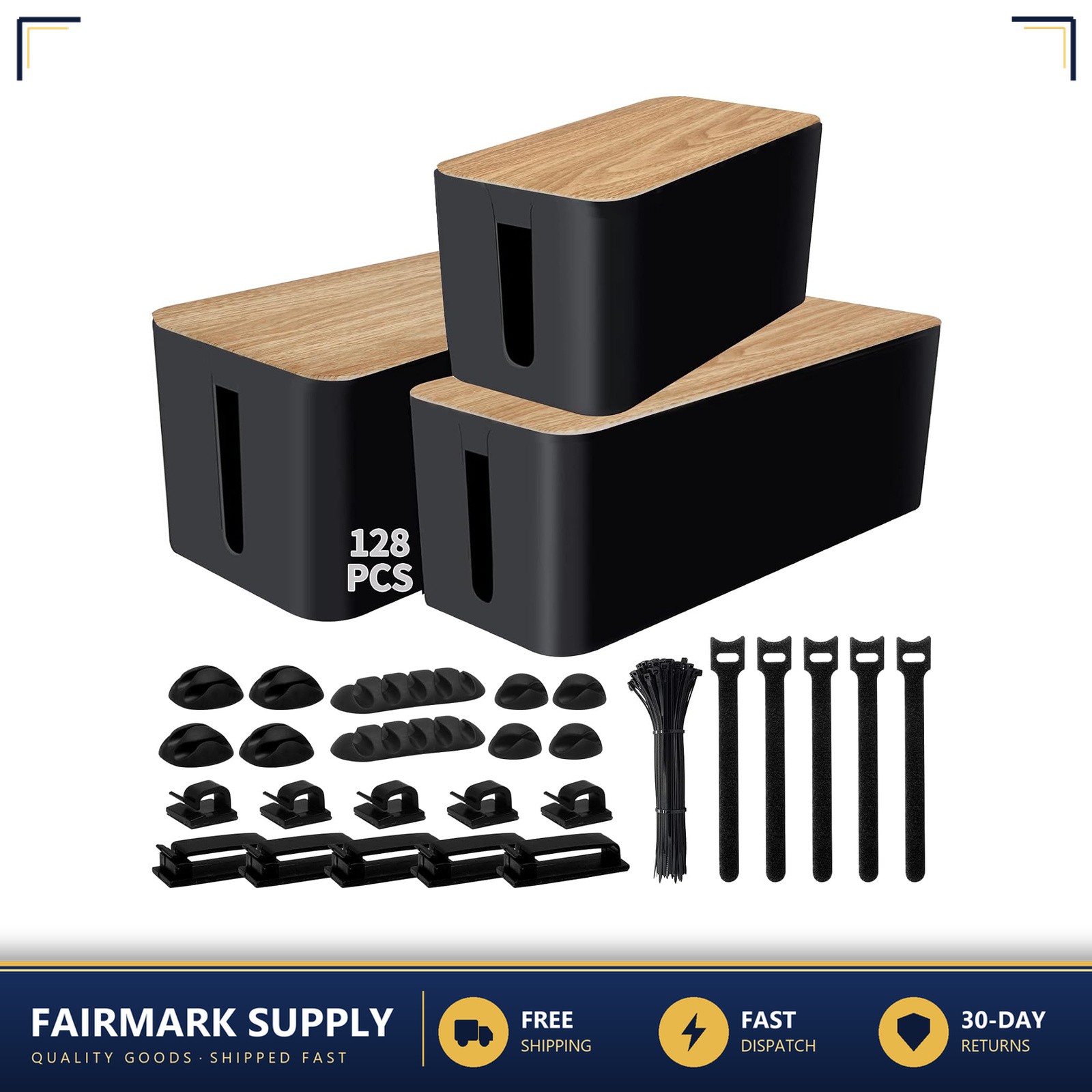 Cable Management Box Set 3 Pack with Cable Ties and Clips for Power Strips