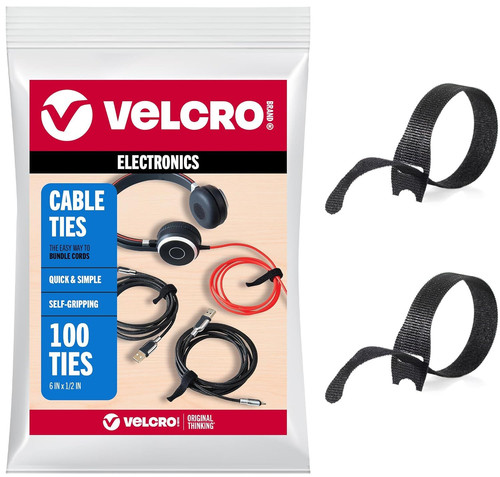VELCRO Brand Reusable Cable Ties, Cord Management, 100Pk - 6” x ½”, Black