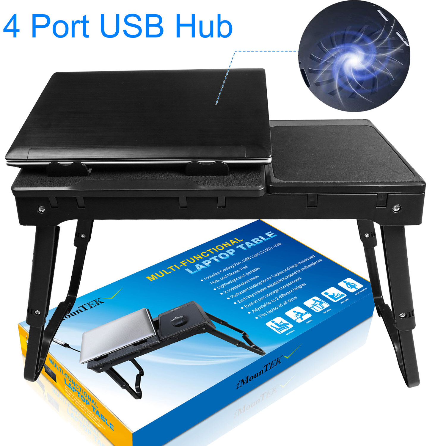 Imountek Laptop Table Bed Tray Multi-Functional Foldable Desk Tray w/Cooling Fan