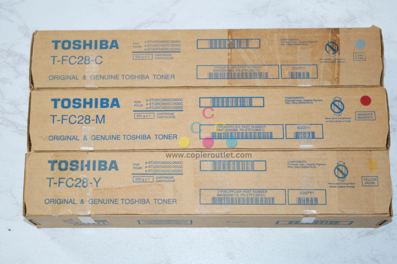 3 OEM Toshiba eSTUDIO 2330C,2820C,2830C,3520C,3530C T-FC28 CMY Toner Cartridges