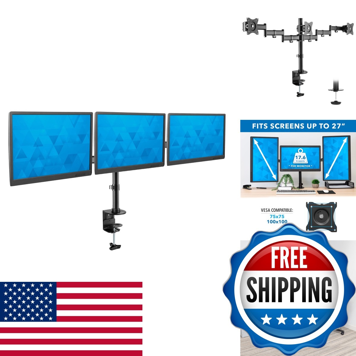 Mount-It Triple Monitor Mount 3 Screen Desk Stand LCD Computer Monitors 19 20