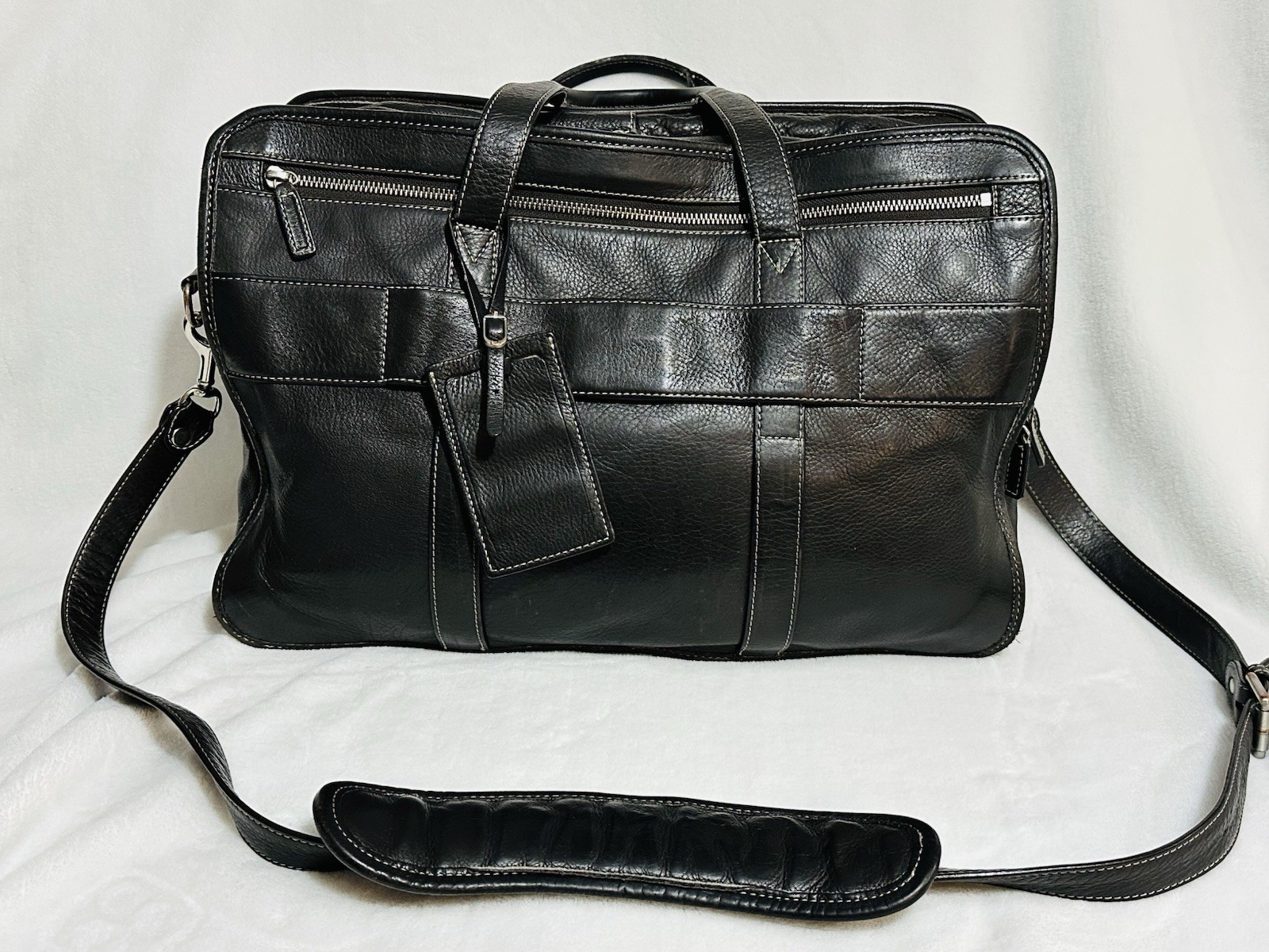 Black Leather 15" Laptop Briefcase Shoulder Strap Padded Plaid Lined 17x12