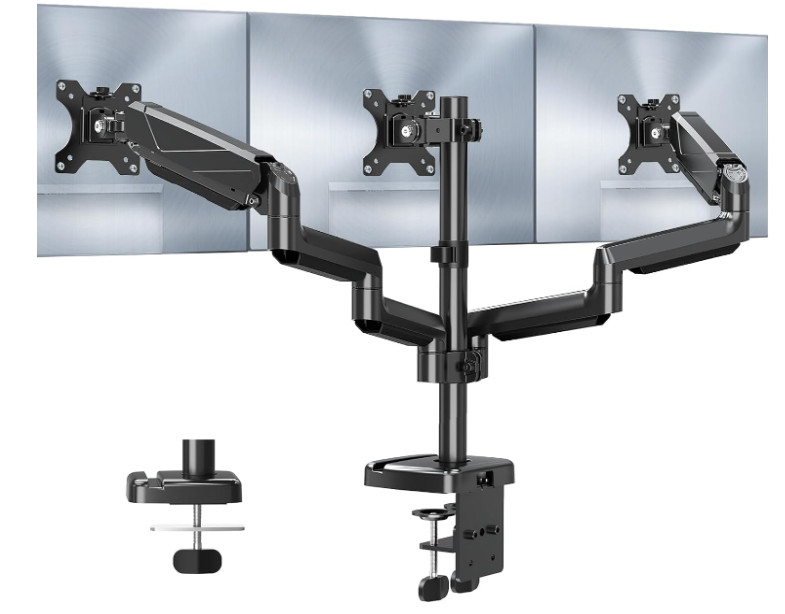 Soporte Triple para 3 Monitores de hasta 27", Resorte de Gas, Inclinación, Giro 