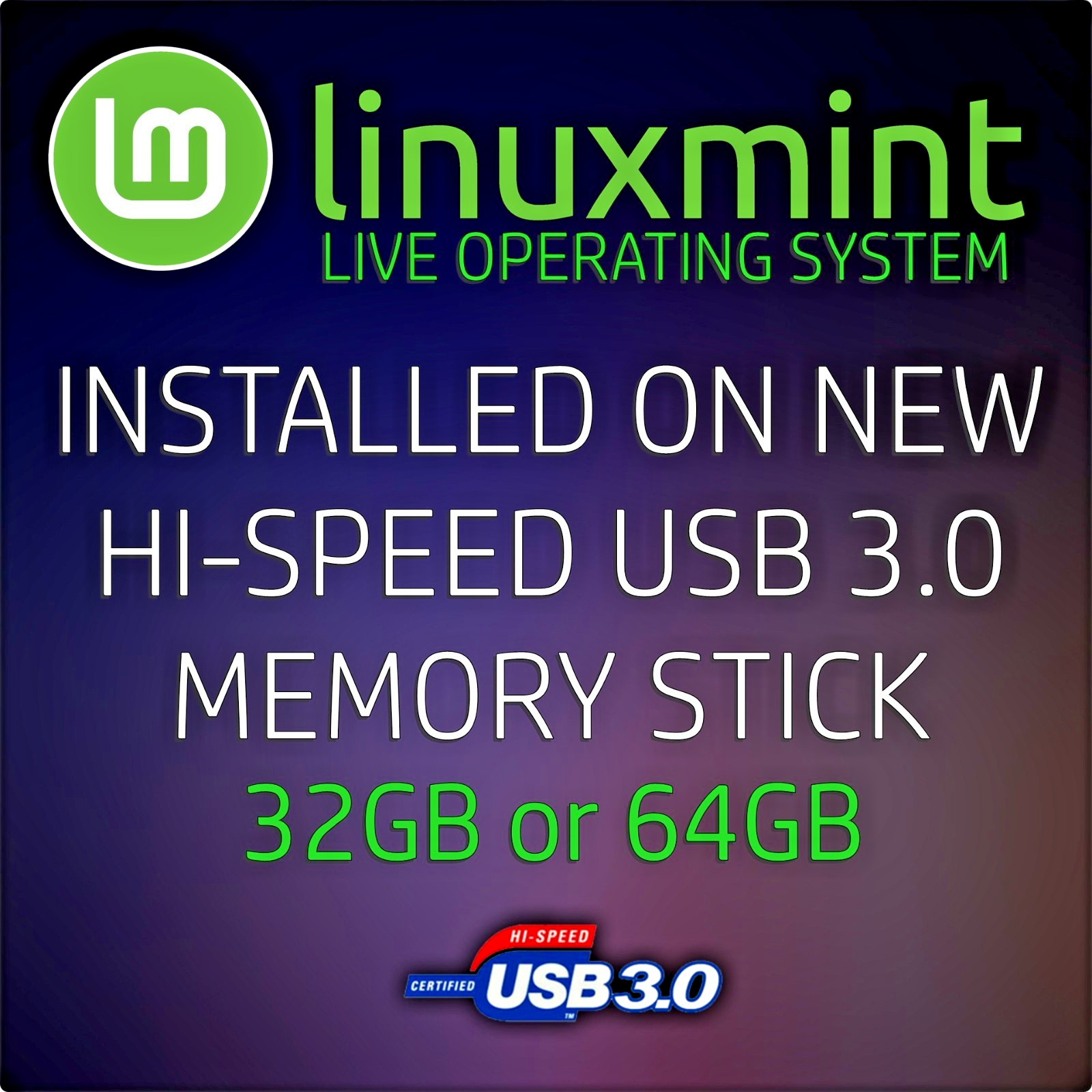 Linux Mint LIVE on USB 3.0 32GB/64GB Memory Stick - eBooks & Manuals Included