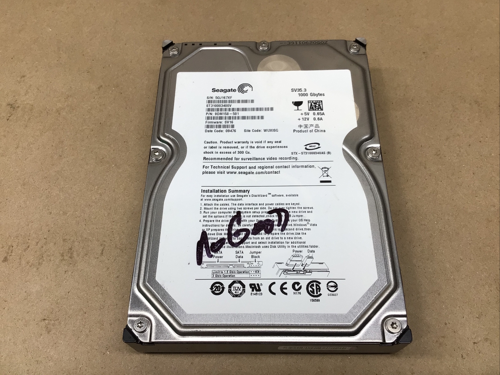 ST31000340SV 9QJ KRATSG PN 9DM158-501 FW SV16 Seagate 1TB SATA 3.5 #51F77