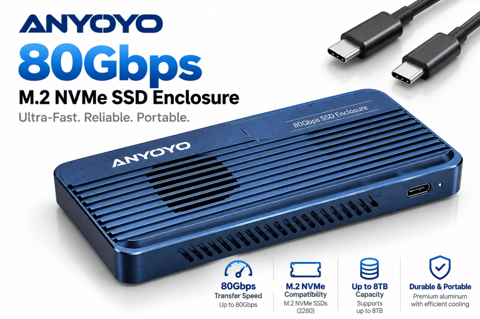 ANYOYO 80Gbps M.2 NVMe SSD Enclosure USB4 External 2280 8TB New Open Box