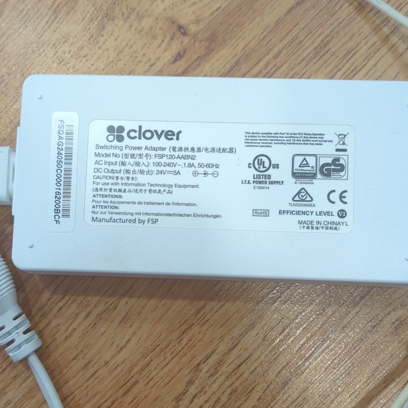 Clover 24V AC/DC Adapter Efficiency Level VI White Barrel 2-Prong FSP120-AABN2
