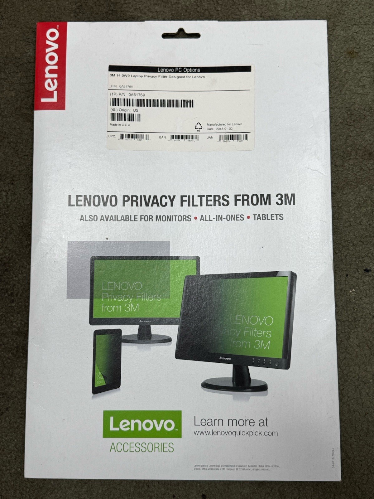 Lenovo 0A61769 3M 14.0W 14" Wide Screen Privacy Filter.