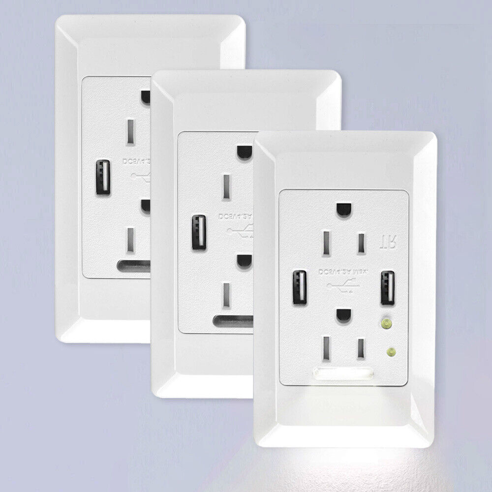 4.2A USB Charger Wall Outlet Receptacle Night Lights Automatic On/Off Sensor 3PK