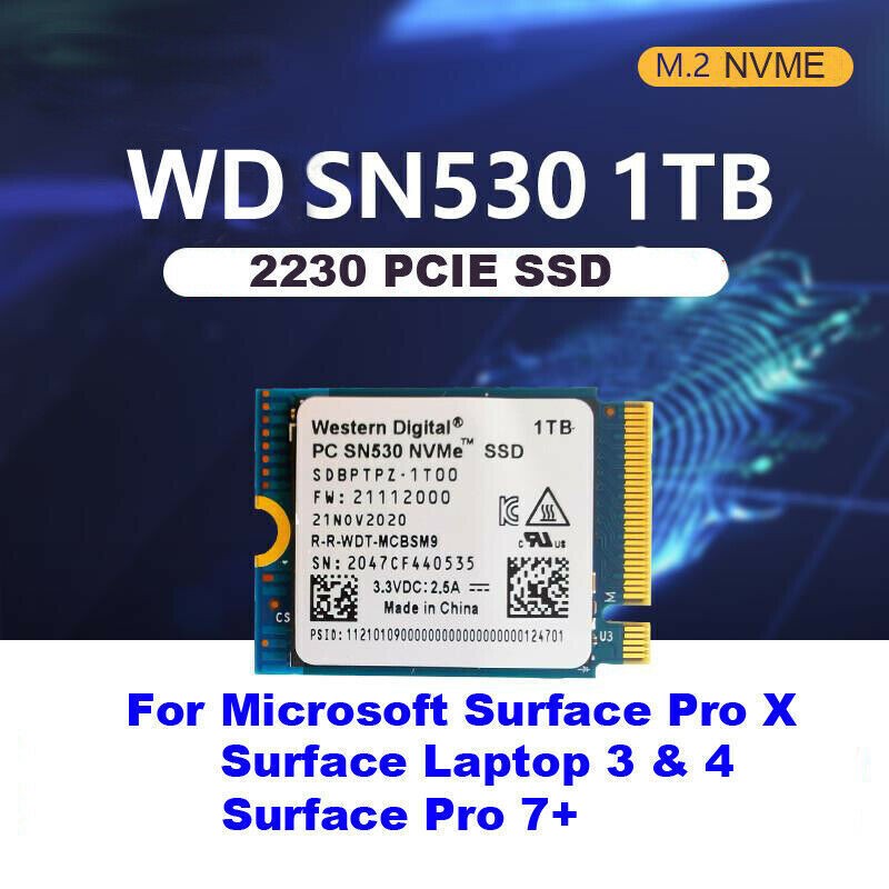 NEW WD PC SN530 M.2 2230 SSD NVMe PCIe 1TB For Microsoft Surface Pro X Pro 7+ 8