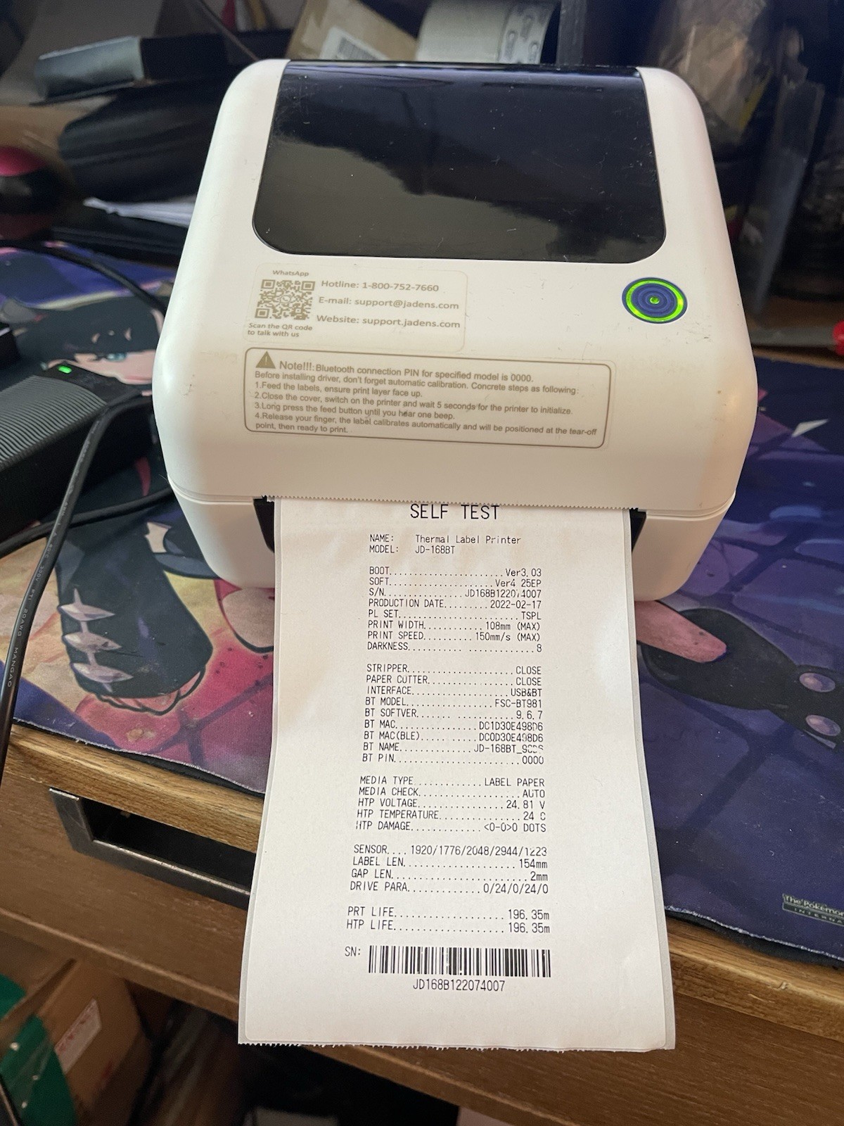 JADENS Thermal Label Printer 100-240V, JD-168/JD-168BT/power Supply Included