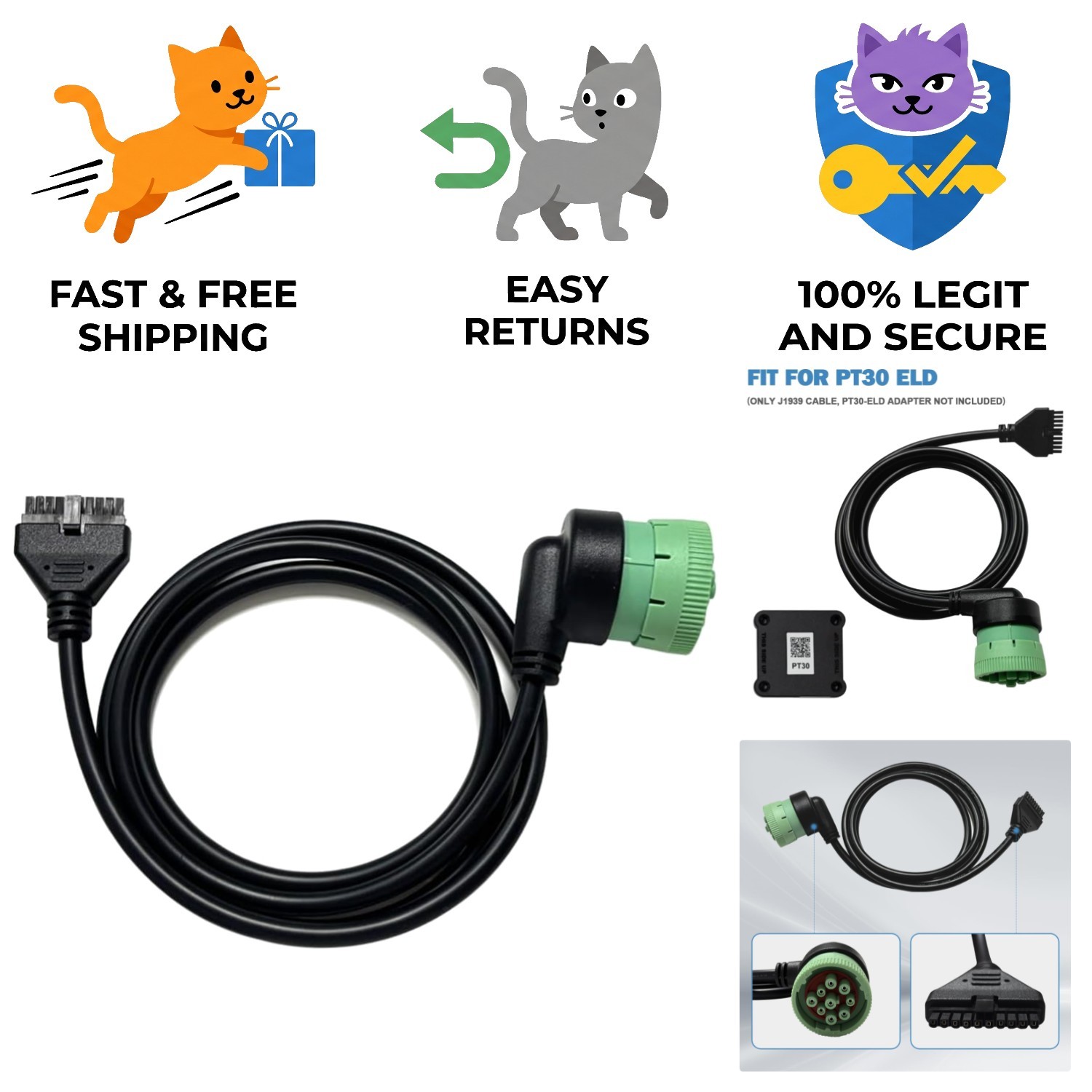 J1939 9 Pin to 10 Pin Adapter for PT30 ELD - Flexible & Durable Cable