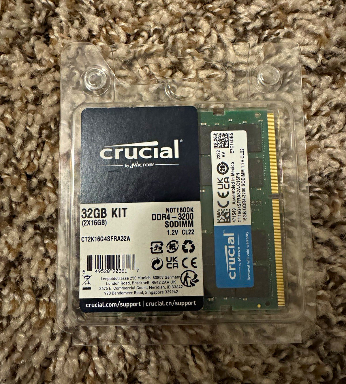 Crucial 32GB (2x16GB) DDR4-3200 SO-DIMM PC4-25600 260-Pin CT2K16G4SFRA32A
