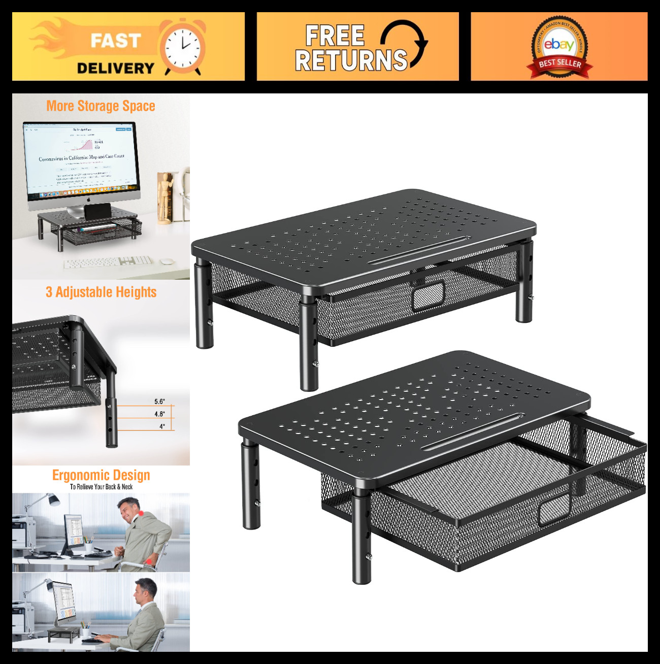 2 Pack Adjustable Monitor Stand Riser with Metal Drawer & Storage for Home Offic