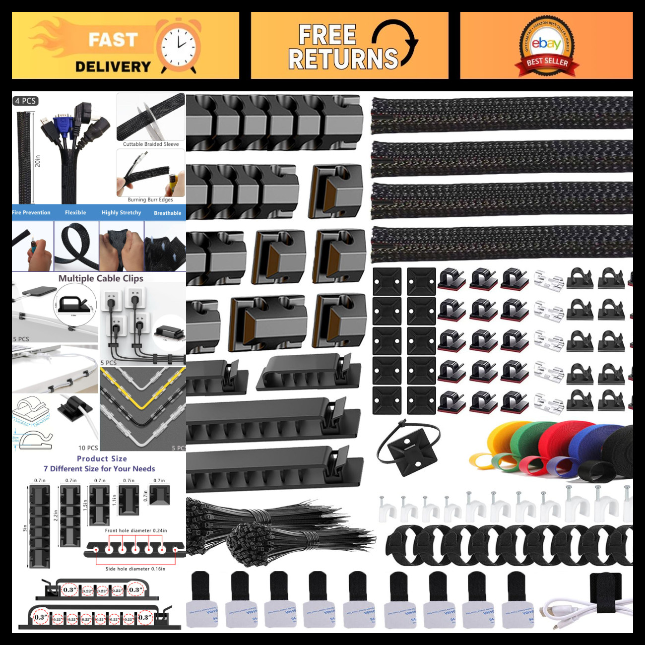 327 PCS Cable Management Kit - 4 Cable Sleeves, 65 Cable Clips, Organize Wires