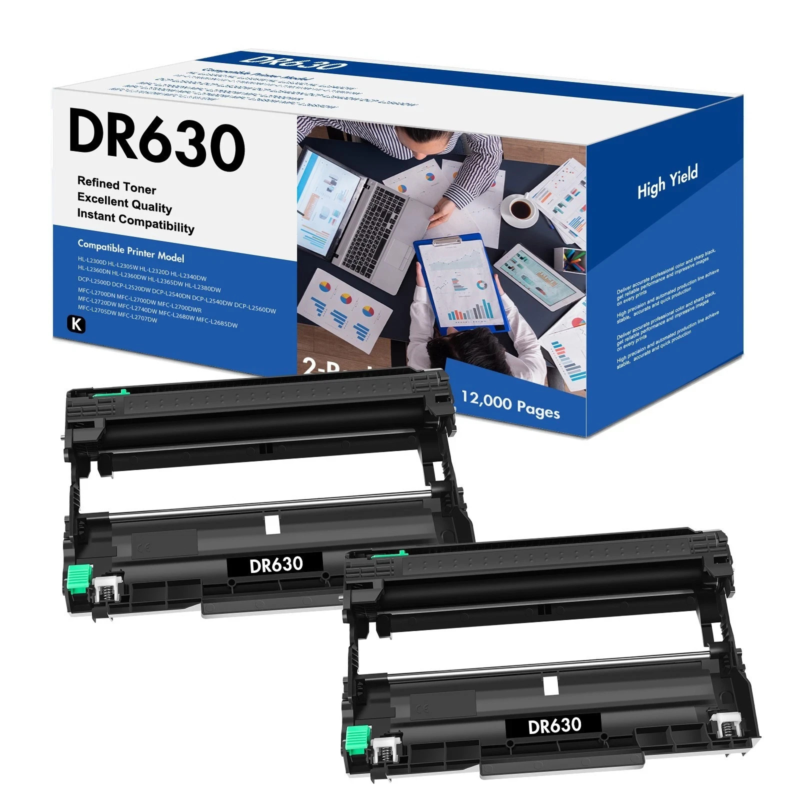 2PK BK DR630 Drum Unit replacement for Brother MFC-L2705DW, MFC-L2707DW Printer