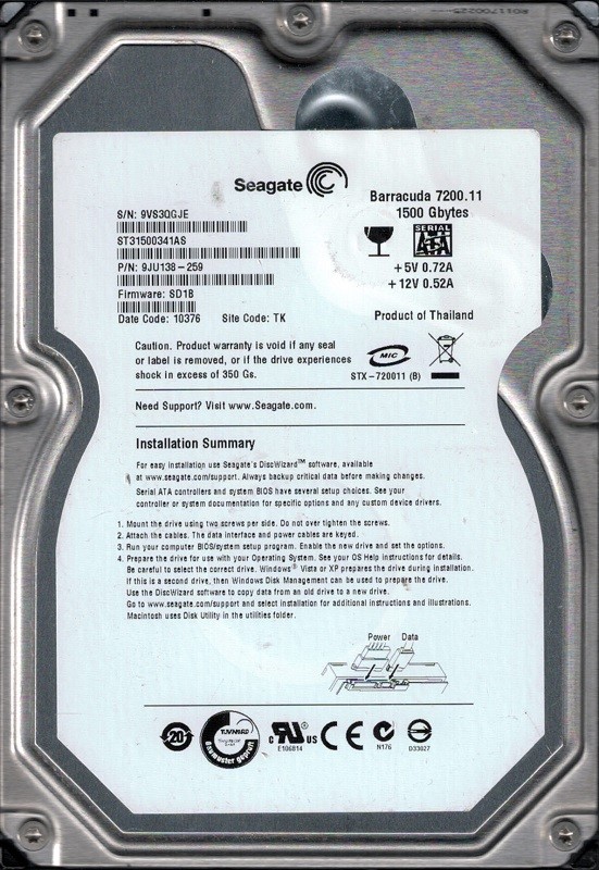 ST31500341AS P/N: 9JU138-259 F/W: SD1B TK 9VS3 Seagate 1.5TB