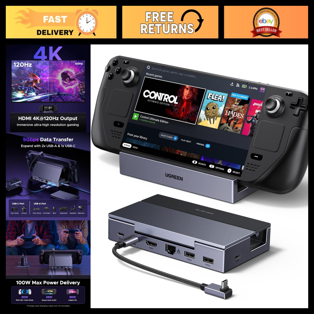 6-in-1 Steam Deck Dock, 4K@120Hz HDMI 2.1, 100W Power Delivery, Gaming Hub