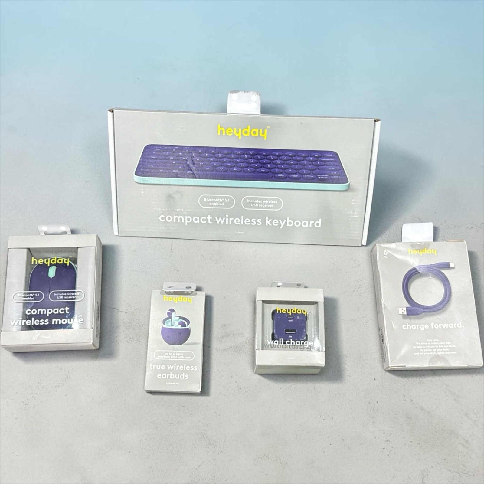 Heyday Electronics Bundle: Wireless Keyboard, Mouse, Earbuds, Wall Charger & 6ft
