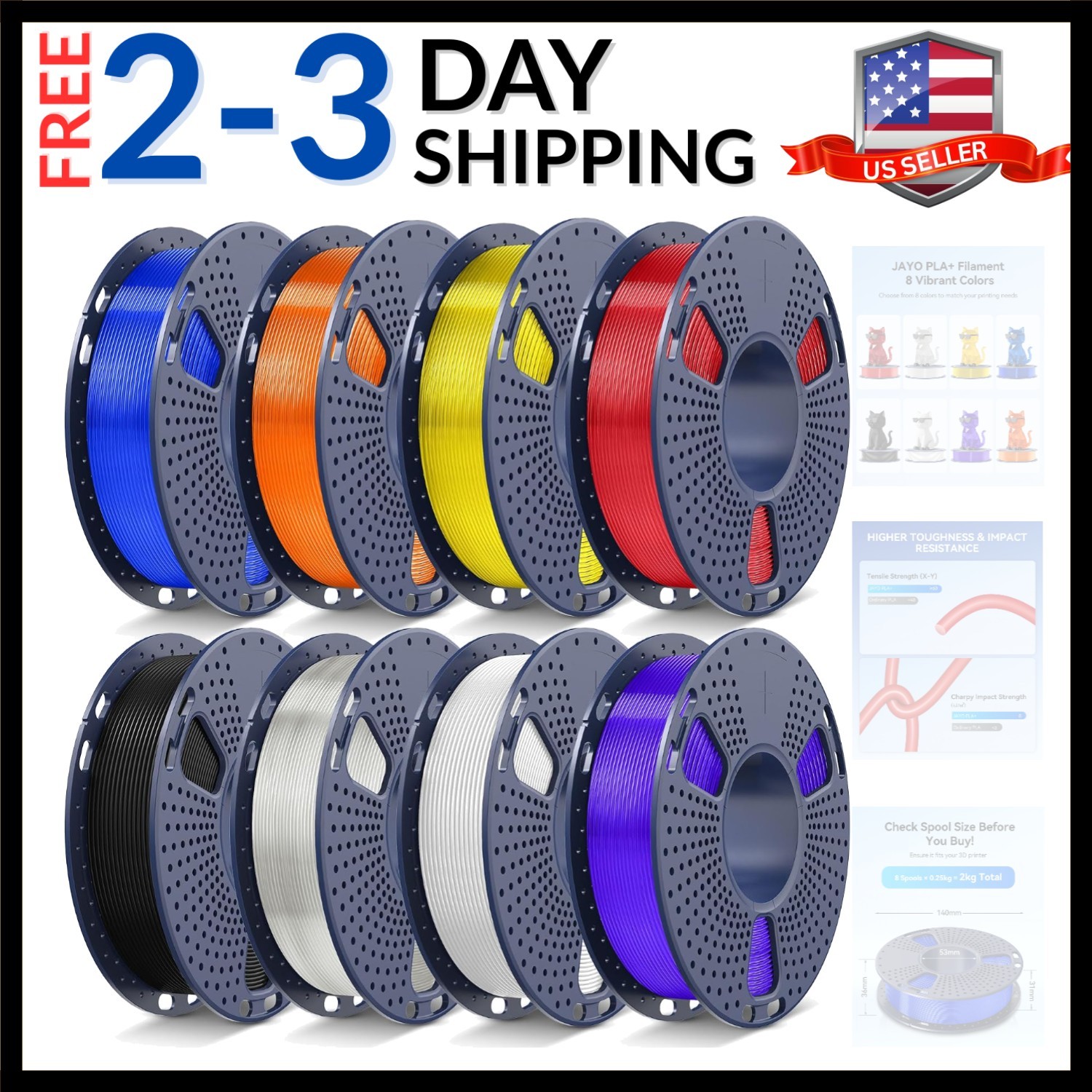 8 Colors PLA Plus PLA+ 3D Printer Filament Bundle 1.75mm, 250g Spool