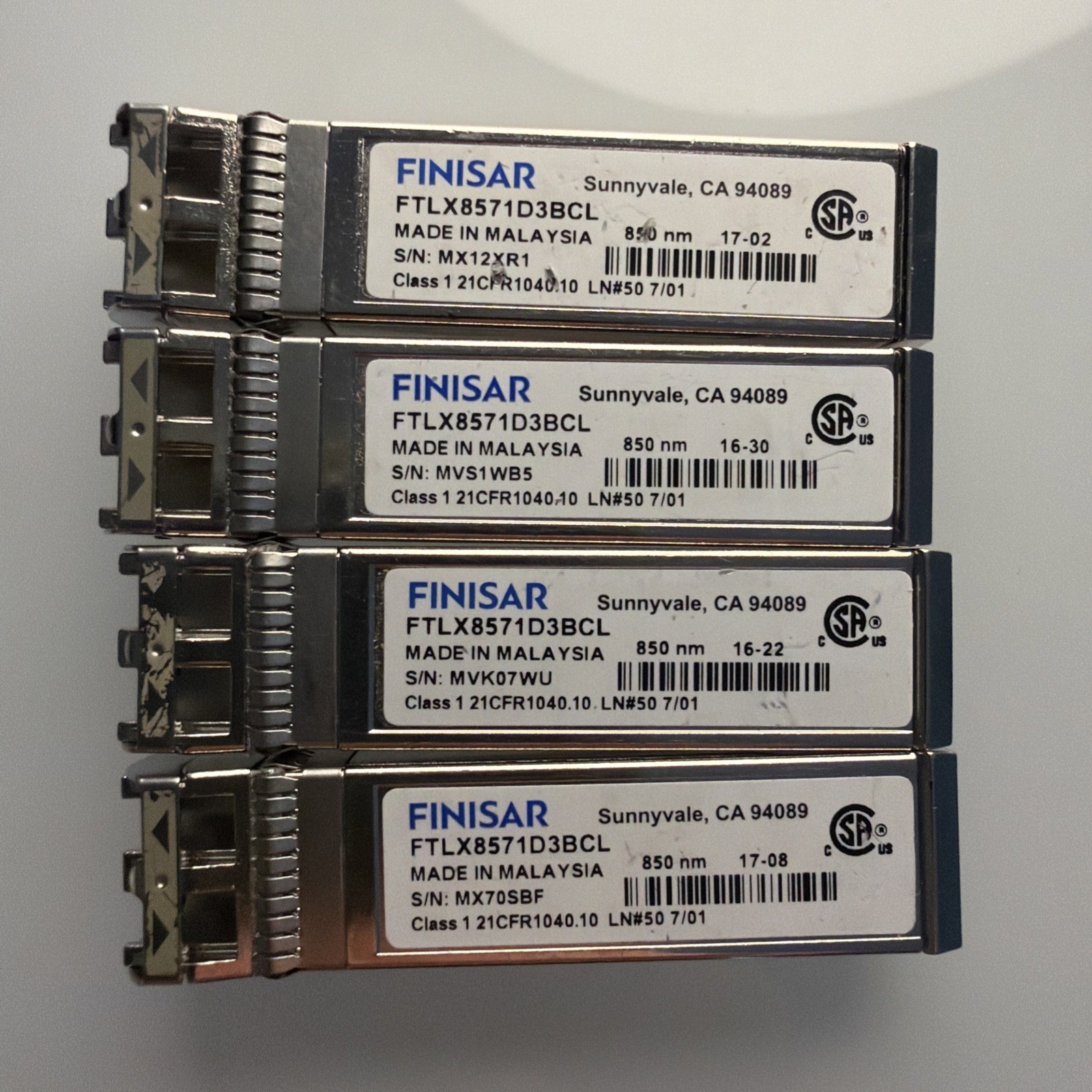 Lot of 4 Finisar FTLX8571D3BCL 10Gb SFP+ DualLC 850nm 300m Multimode Transceiver